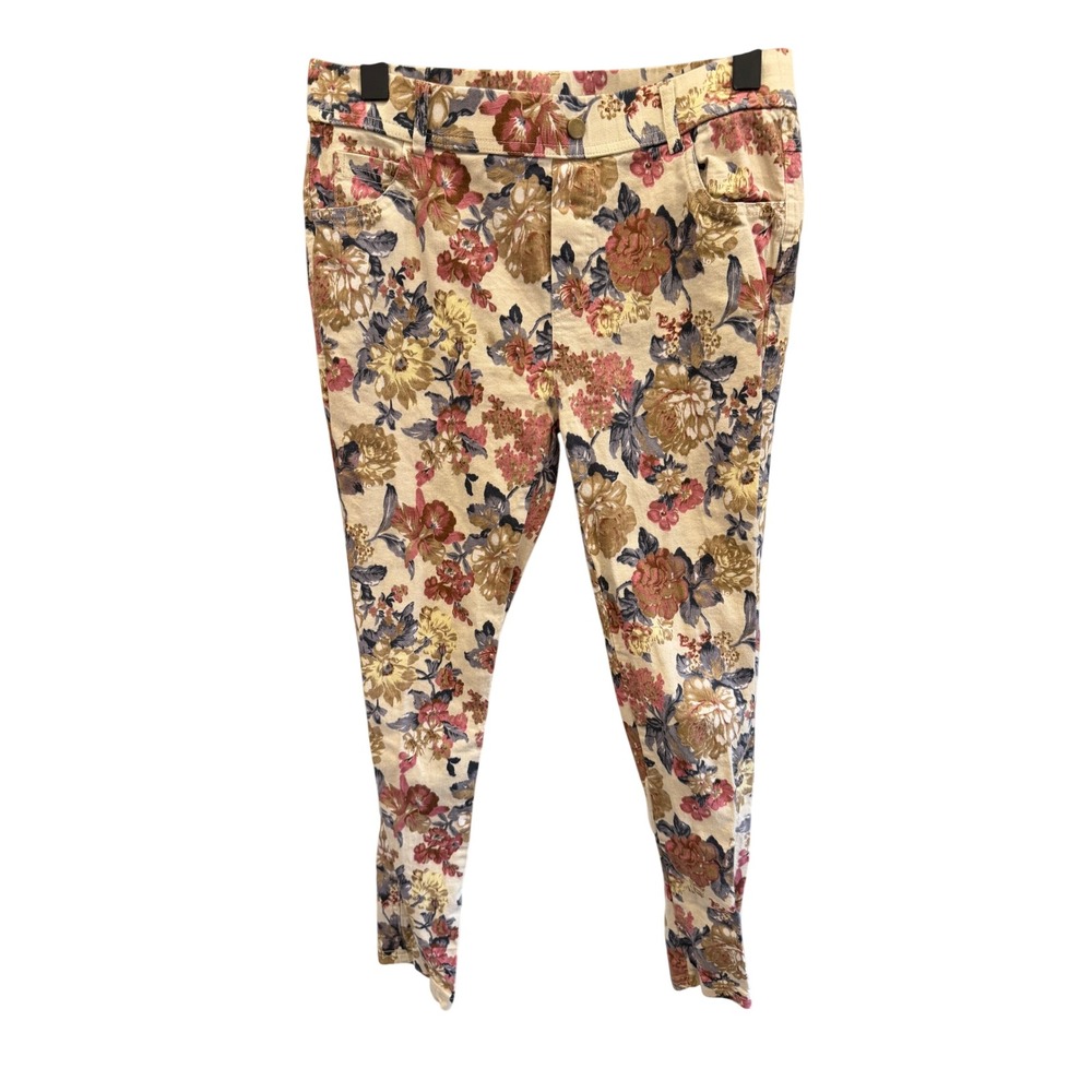 Amaryllis Floral Print Skinny Pants Womens Large‎ Cream Rose High Rise Trousers